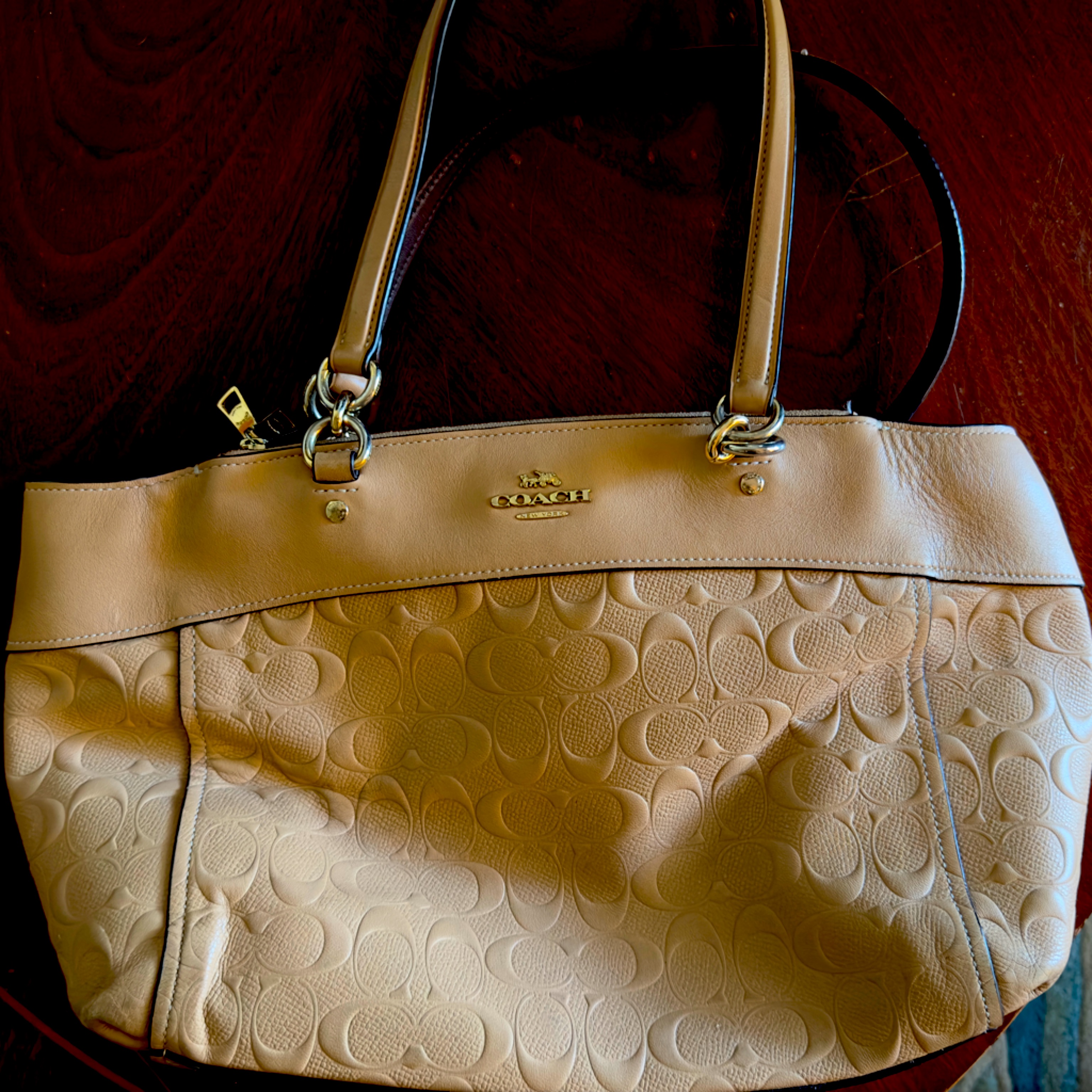 Coach Leather Tan Satchel Purse With Signature Emblem And Pattern